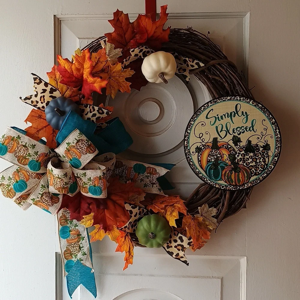 Simply Blessed Autumn Wreath with Pumpkins and Bow